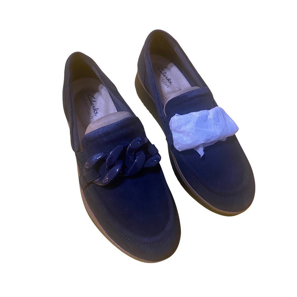 Clarks Zylah May Navy Suede Platform Loafers Chain Detail US 7M 261801124045